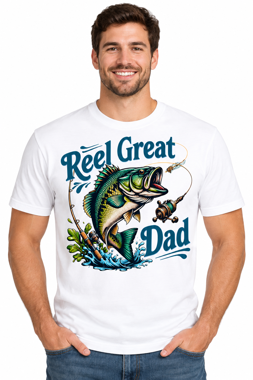 Reel Great Dad design on white t-shirt