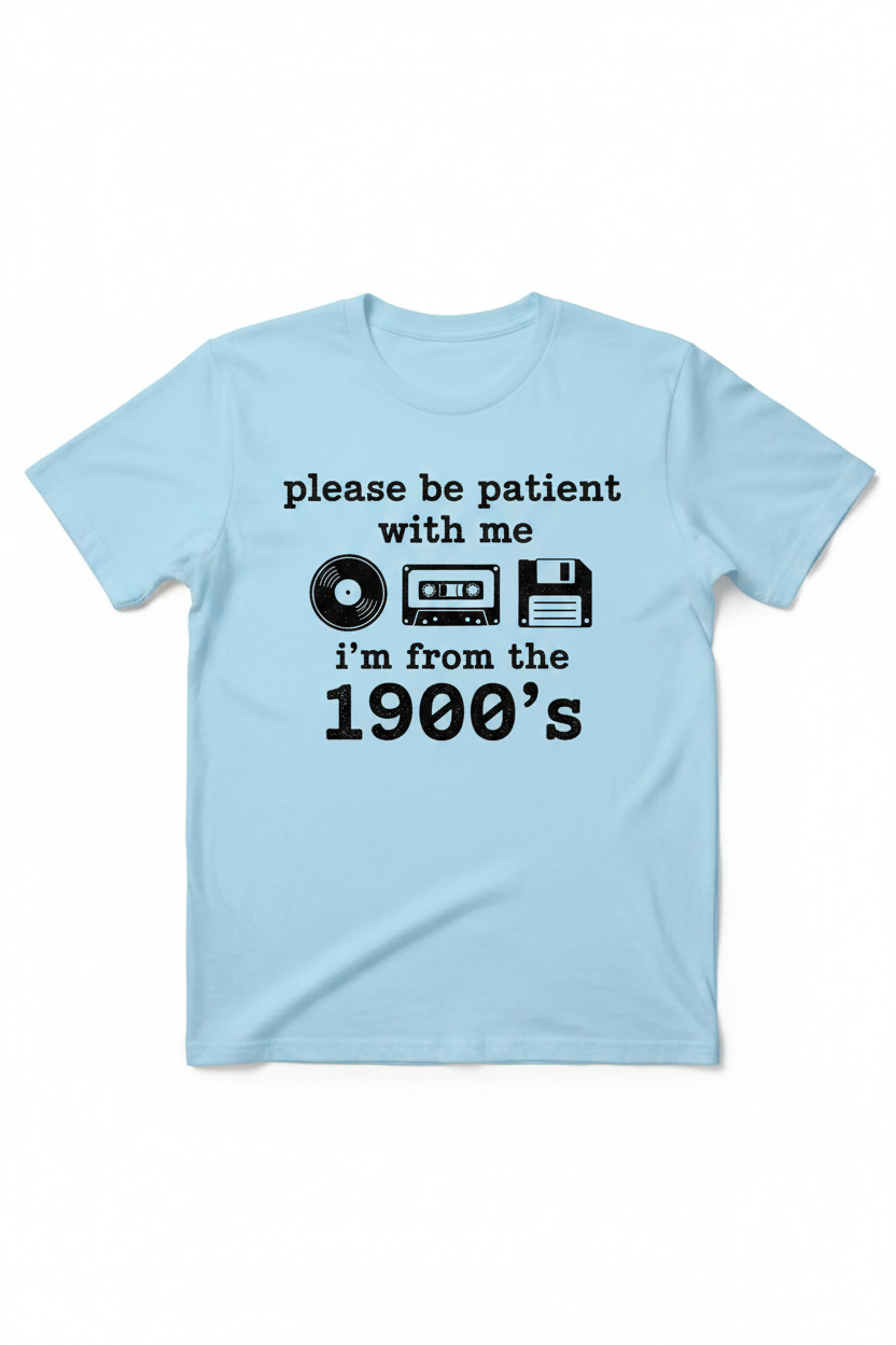 Light blue t-shirt flat lay with retro 1900s graphic