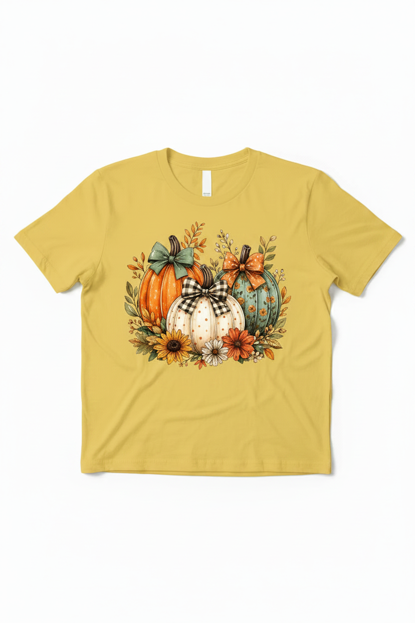 Bright yellow t-shirt flat lay with fall pumpkin trio graphic featuring orange, cream, and teal pumpkins with autumn flowers