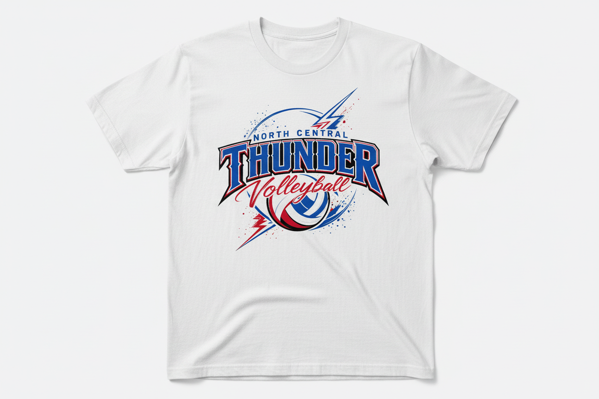 North Central Thunder Volleyball graphic on white t-shirt