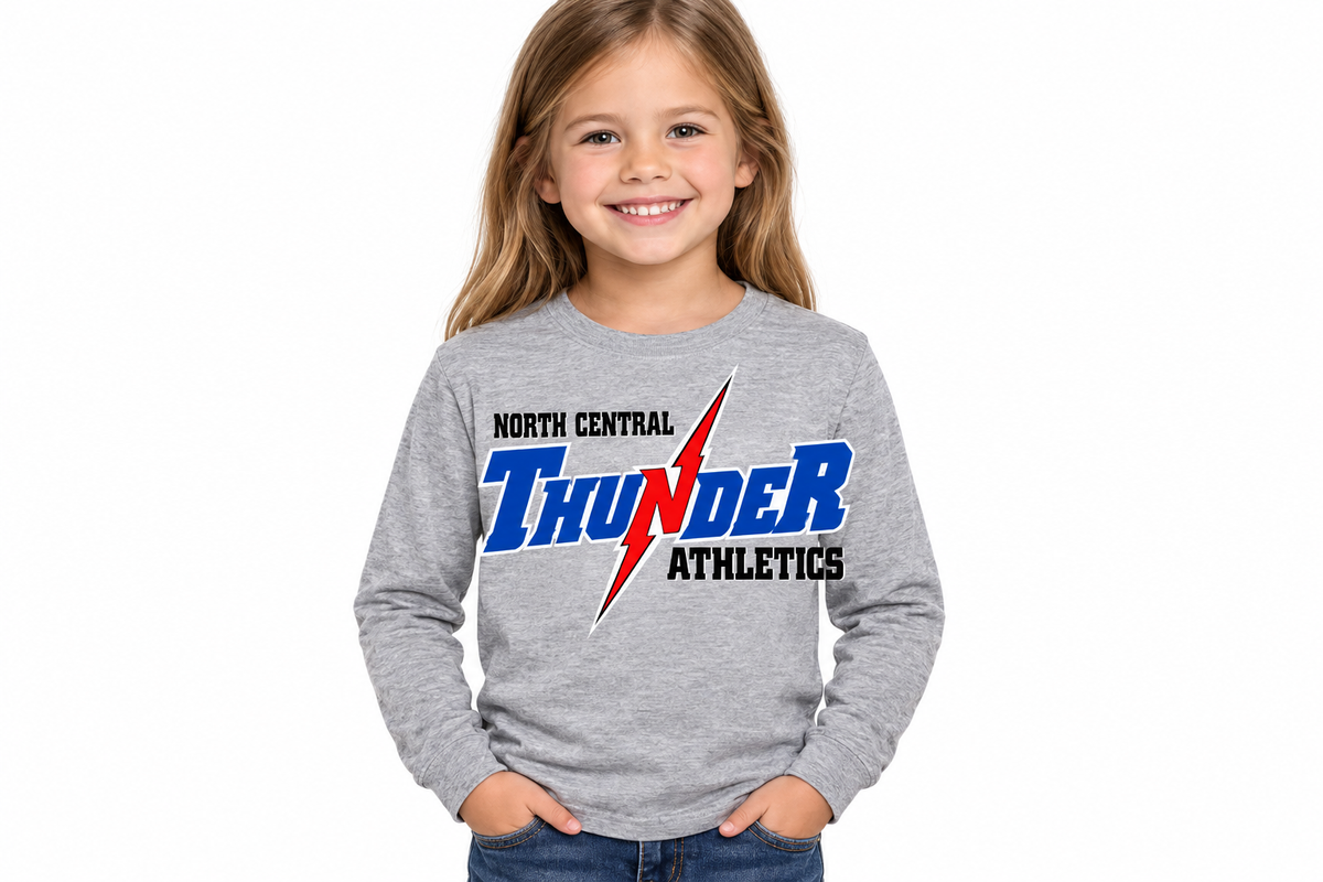 North Central Thunder Athletics full logo long sleeve in sports gray - little girl model