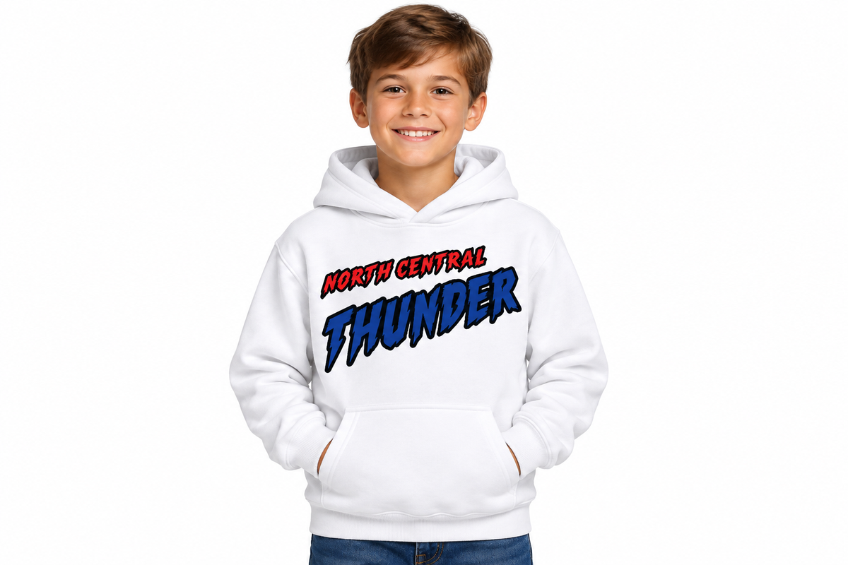 North Central Thunder comic design on white hoodie - youth model