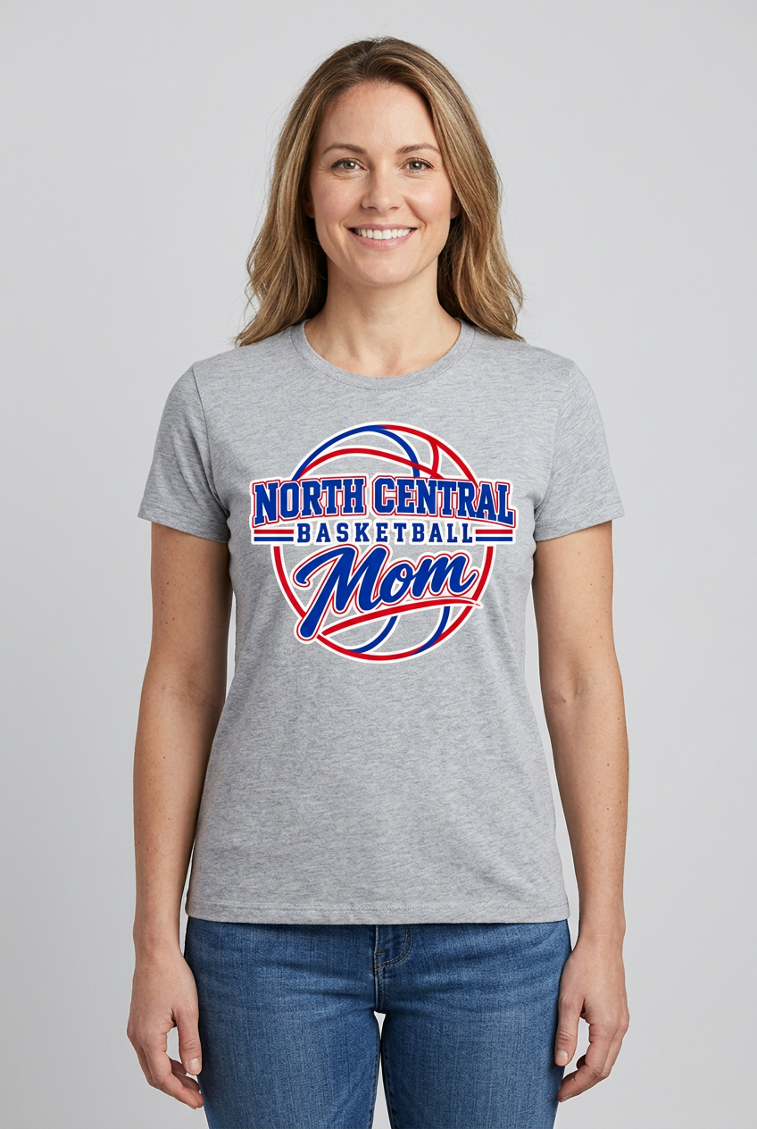Female model wearing sports gray North Central Basketball Mom T-shirt
