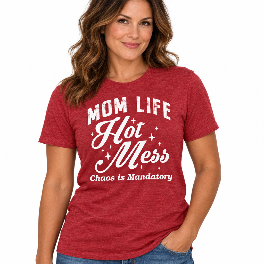 Mom Life Hot Mess Tee in Heathered Canvas Red