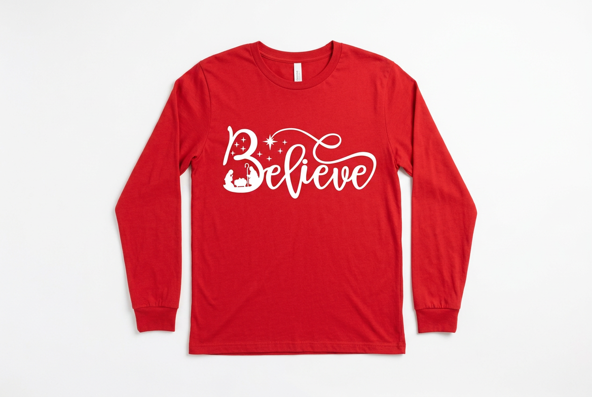 Believe Nativity Long Sleeve - Red with White Print Flat Lay