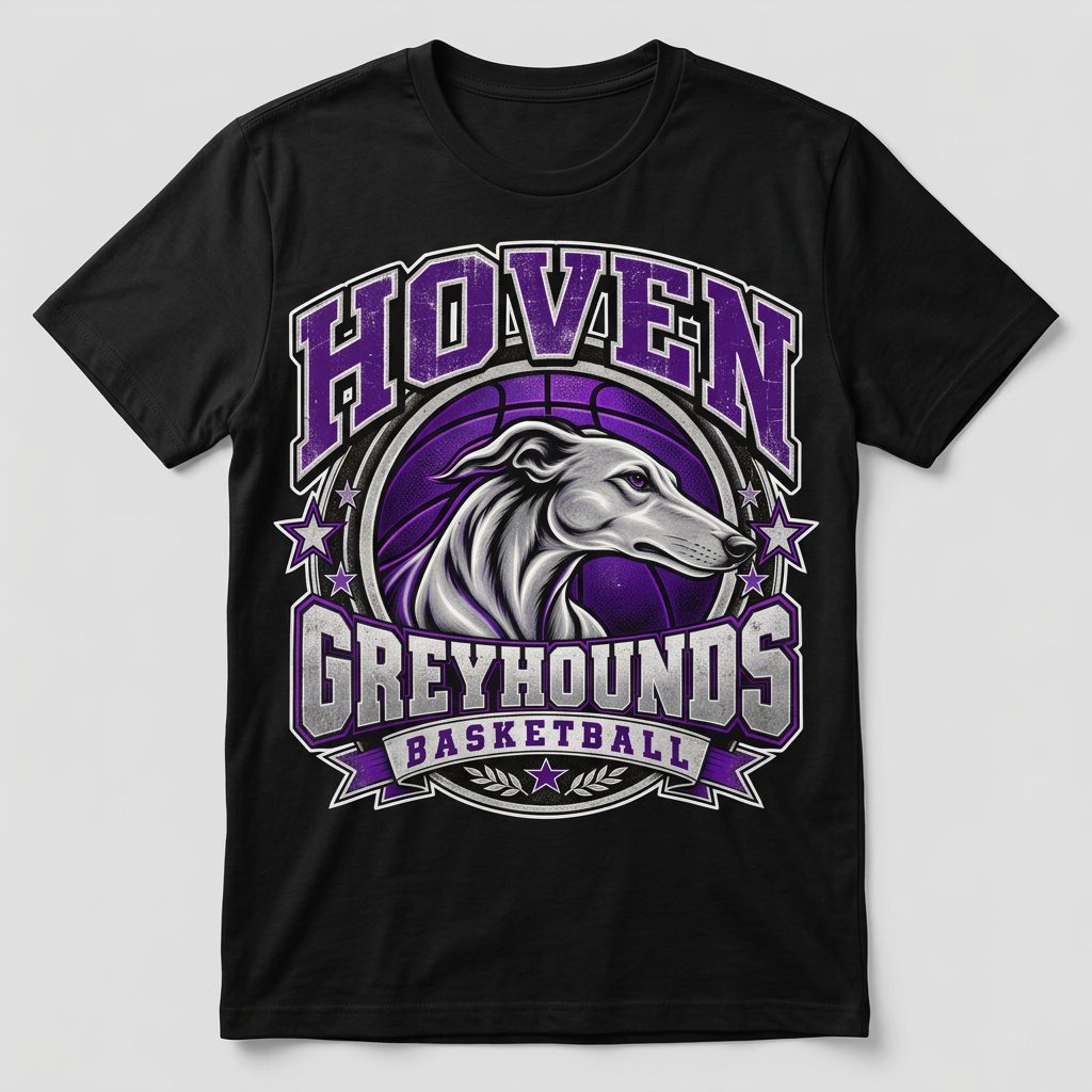 Flat-lay black Hoven Greyhounds Basketball Design 7 T-shirt with white offset