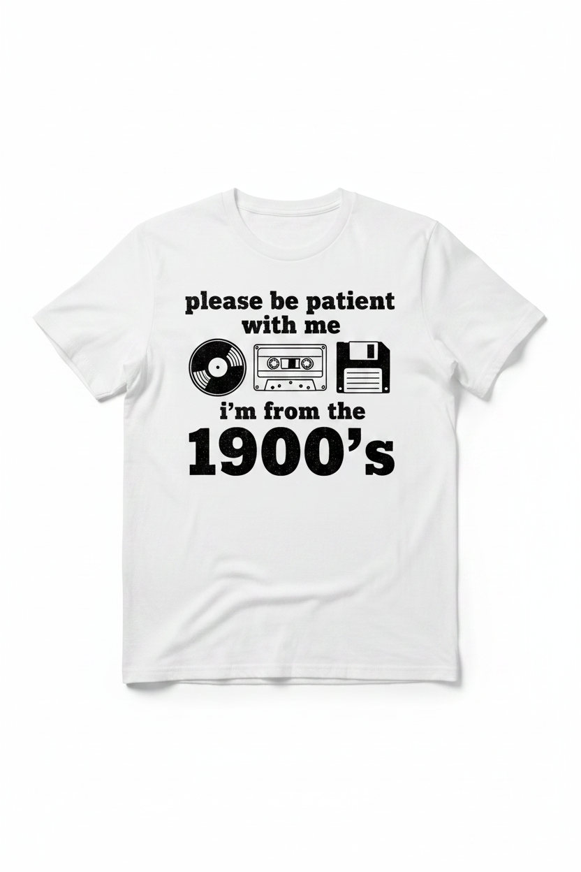 White t-shirt flat lay with retro 1900s graphic