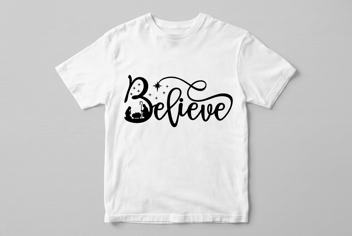 Believe Nativity Tee - White with Black Print Flat Lay