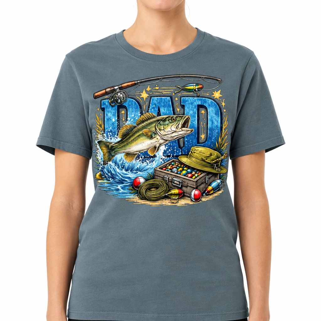 DAD fishing design on blue storm t-shirt