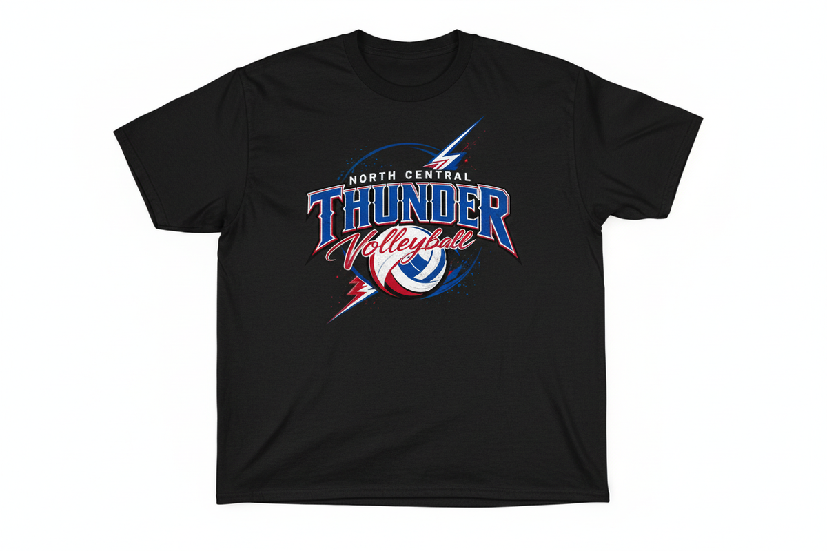 North Central Thunder Volleyball graphic on black t-shirt