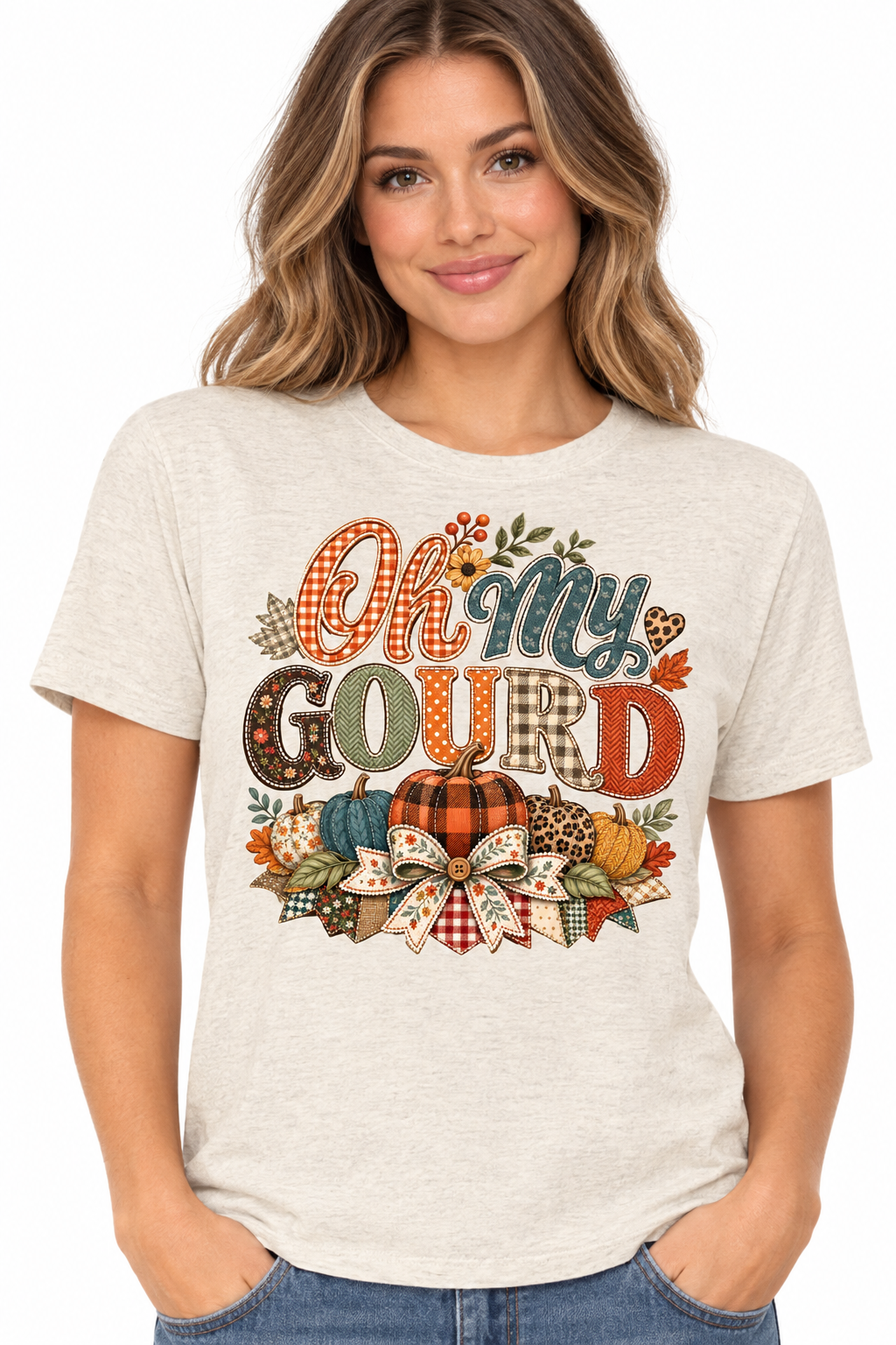 Oh My Gourd design on heathered oatmeal t-shirt