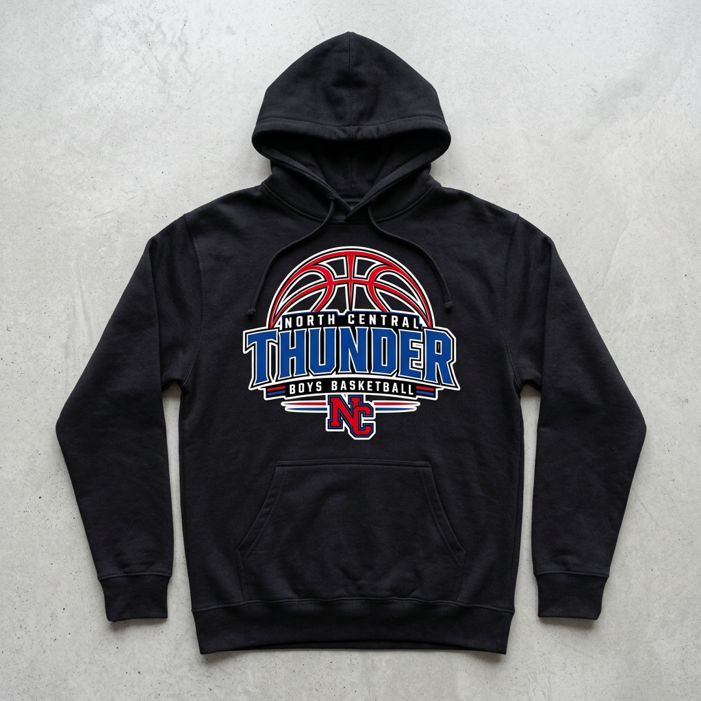Black hoodie with North Central Thunder boys basketball Design 3