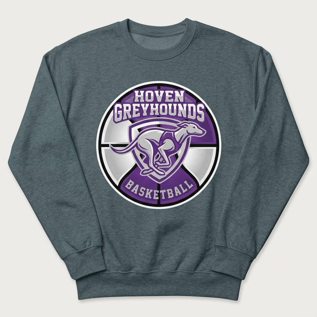 Revised dark heathered gray Hoven Greyhounds Design 5 crewneck sweatshirt flat-lay mockup