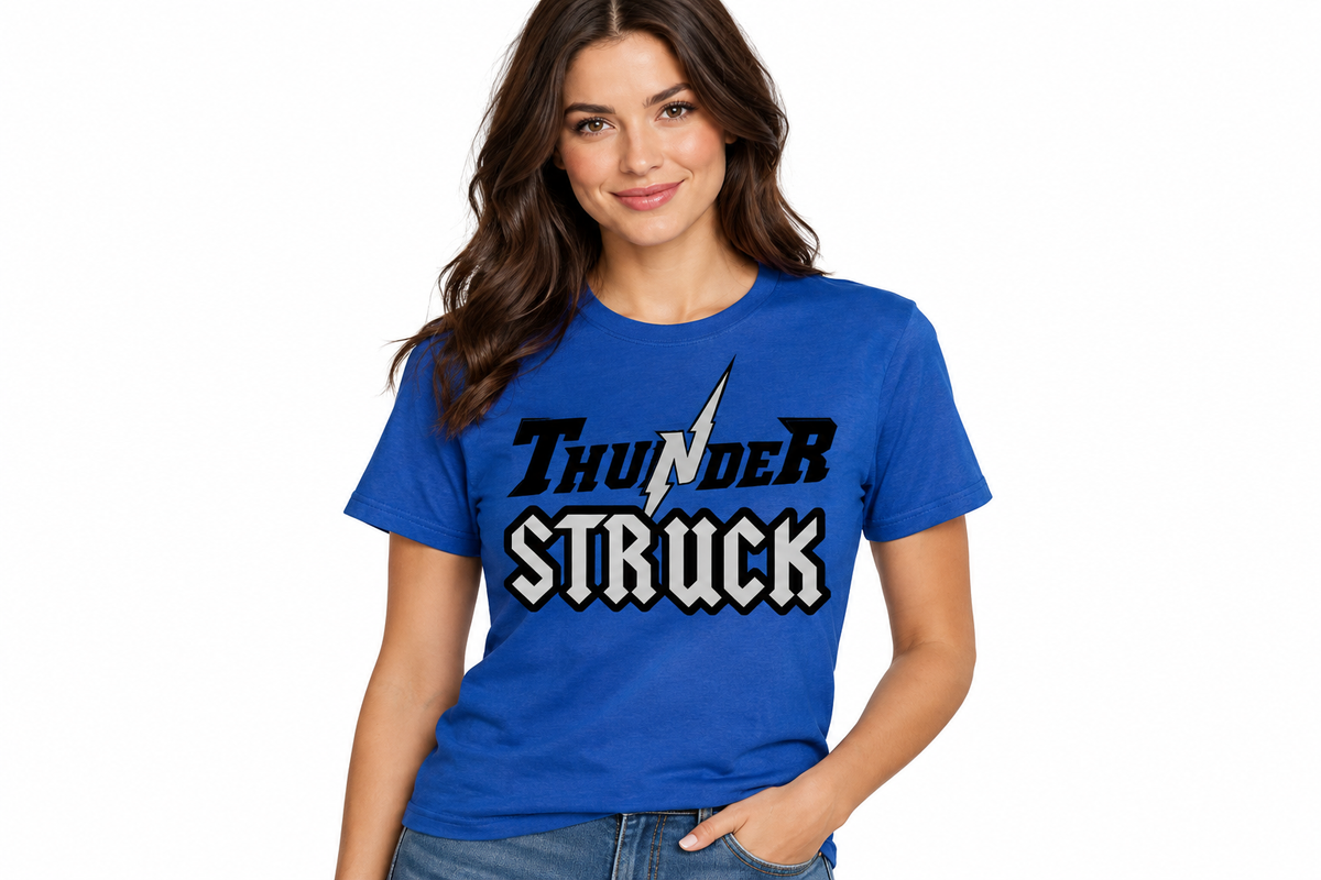 ThunderStruck design on royal blue t-shirt - adult female model