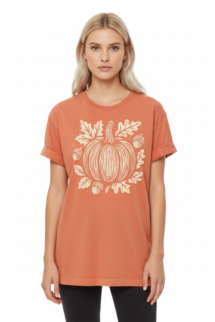 Women's heathered orange t-shirt with cream pumpkin harvest graphic