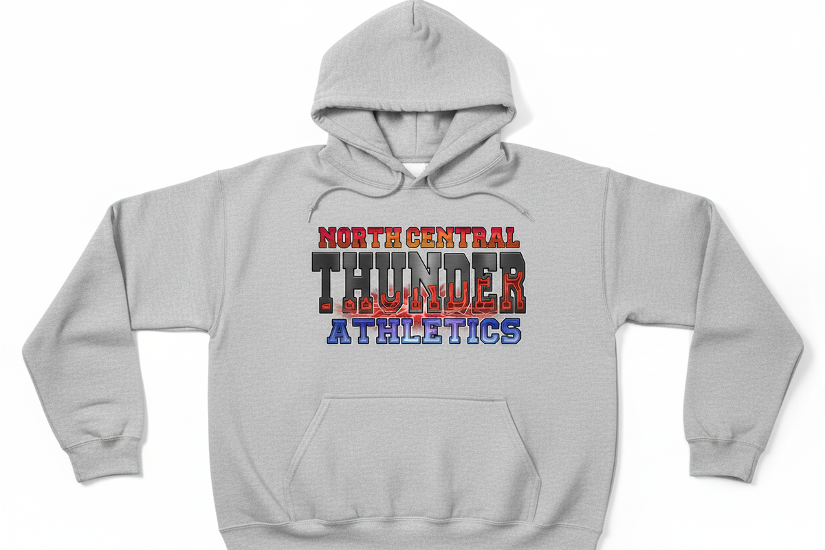North Central Thunder Athletics graphic on light heather gray hoodie