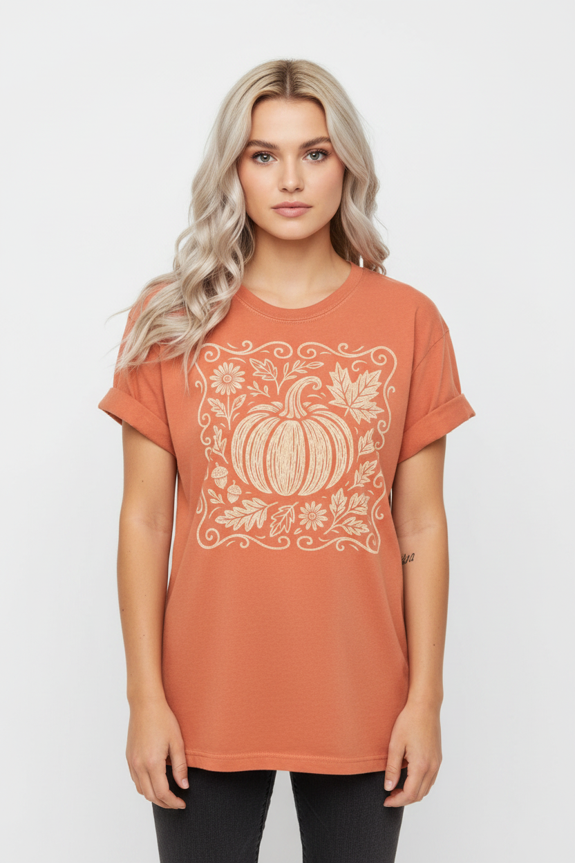 Women's heathered marmalade t-shirt with cream botanical pumpkin graphic