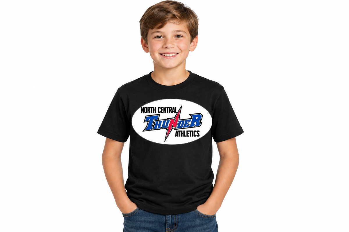 North Central Thunder Athletics oval badge on black t-shirt - youth model