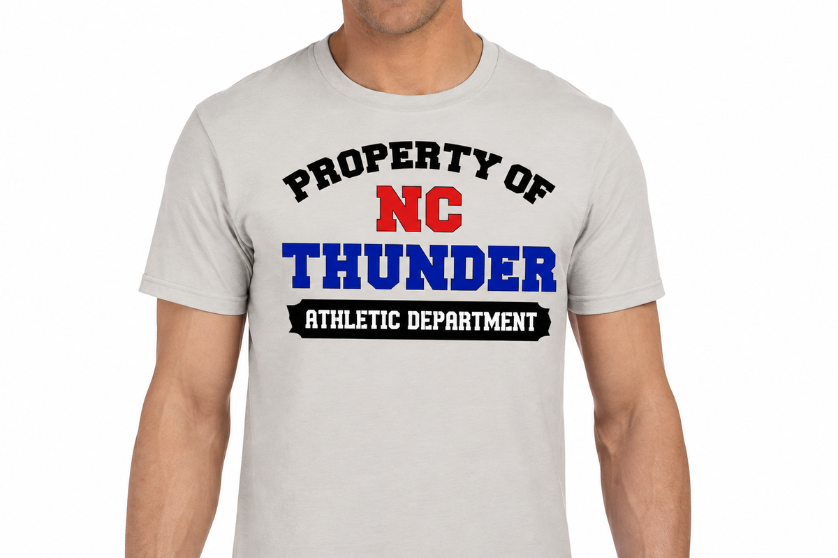 Property of NC Thunder design on iced gray t-shirt