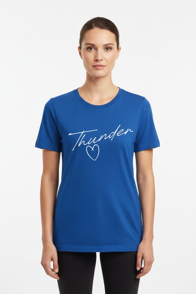 Women's royal blue t-shirt with white Thunder cursive script and heart graphic