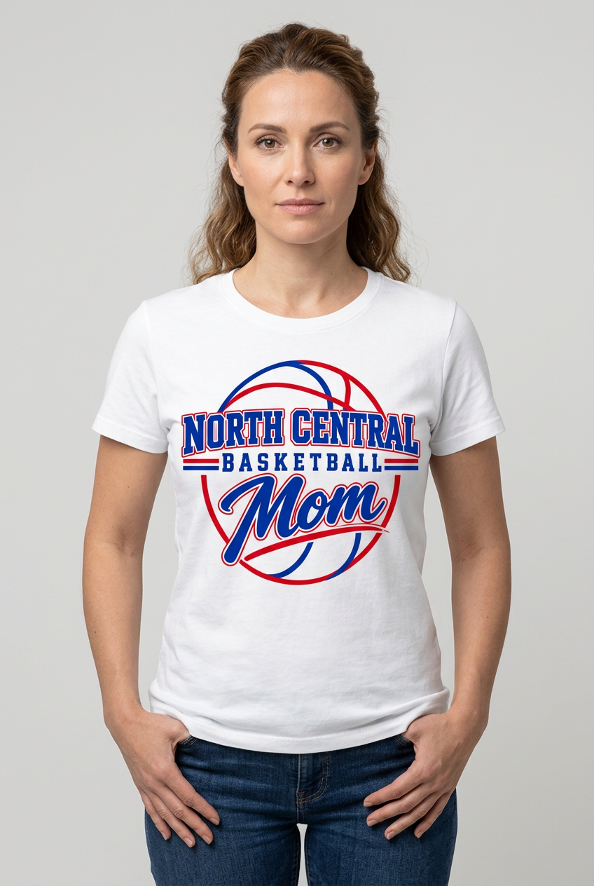 Female model wearing white North Central Basketball Mom T-shirt