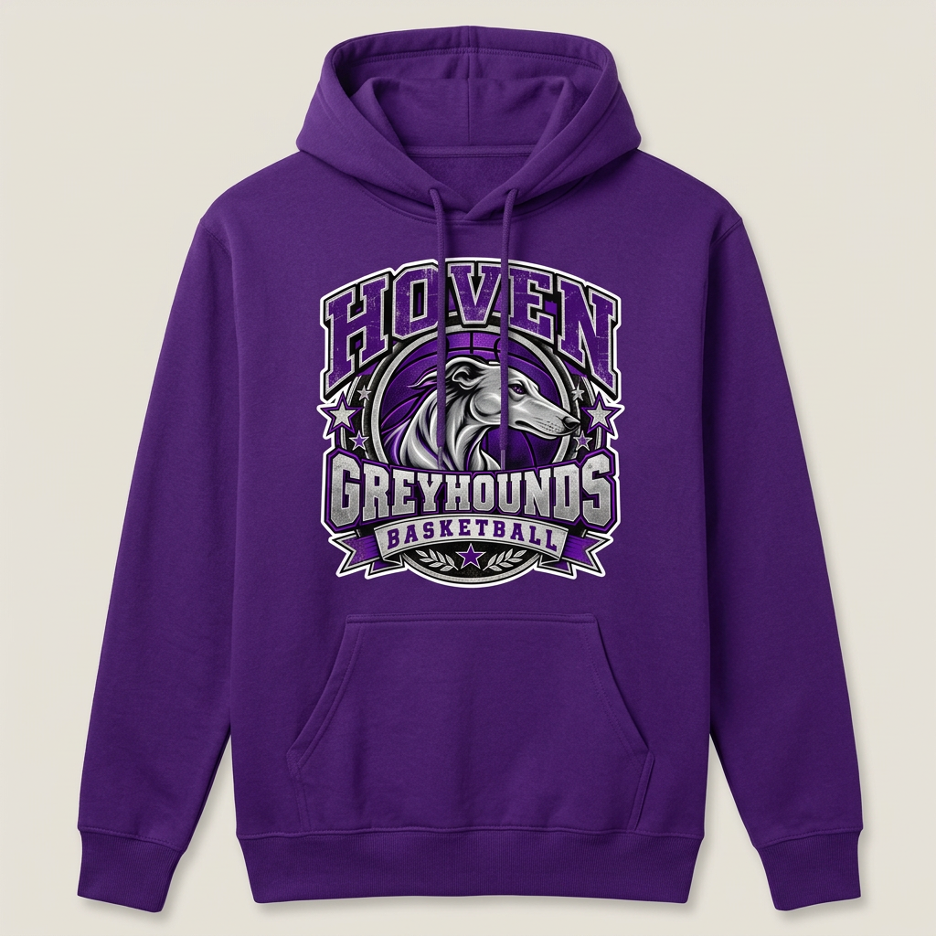 Solid purple Hoven Greyhounds Design 7 pullover hoodie flat-lay mockup