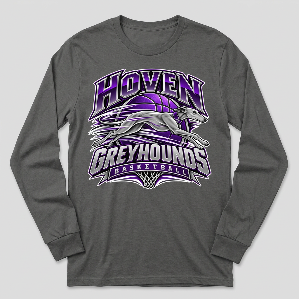 Charcoal Hoven Greyhounds Design 8 long-sleeve T-shirt with white-offset artwork
