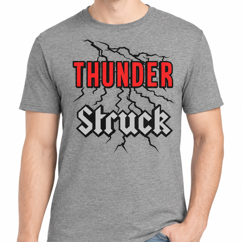 ThunderStruck design on heathered graphite t-shirt