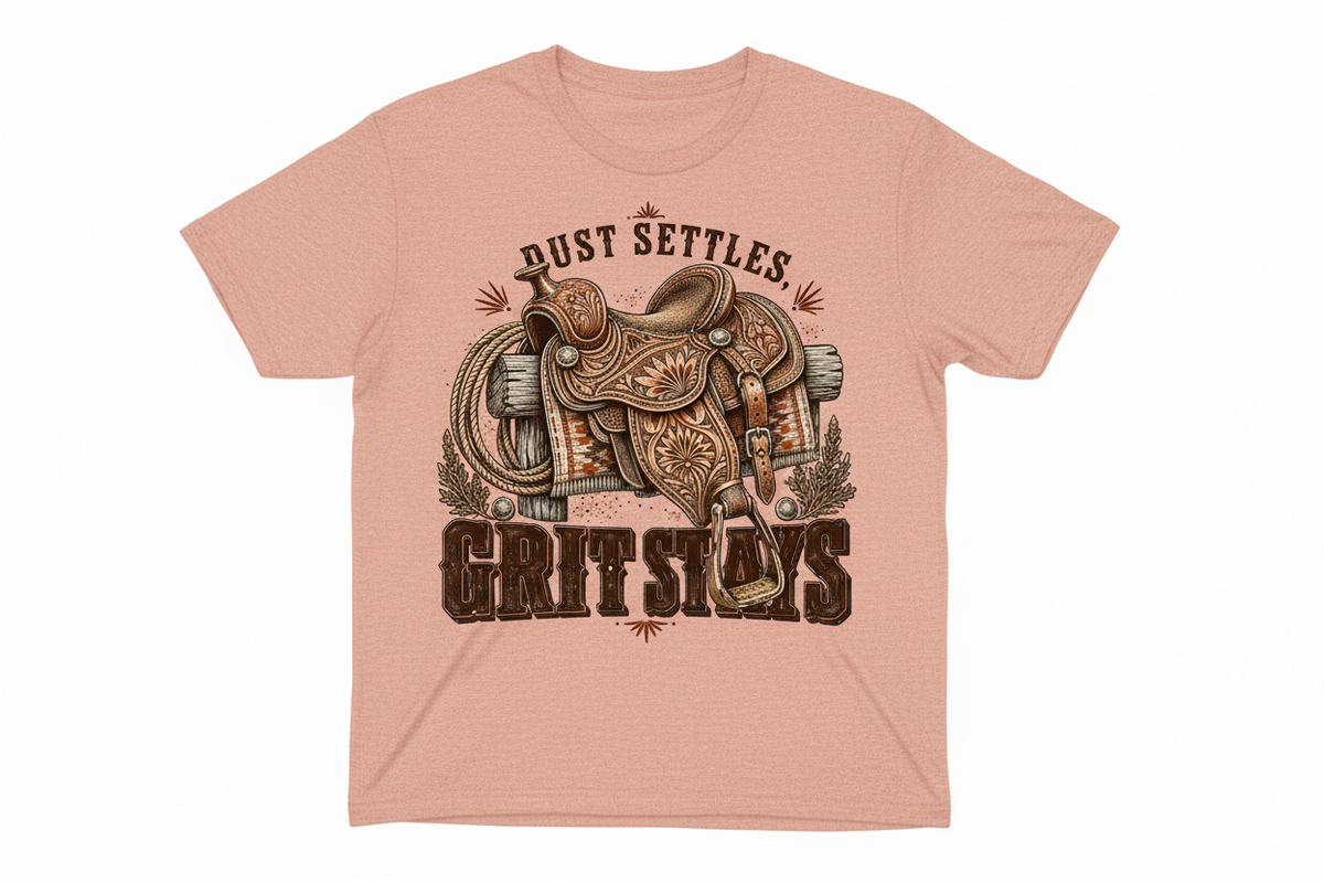Dust Settles Grit Stays tee in Heathered Prism Sunset