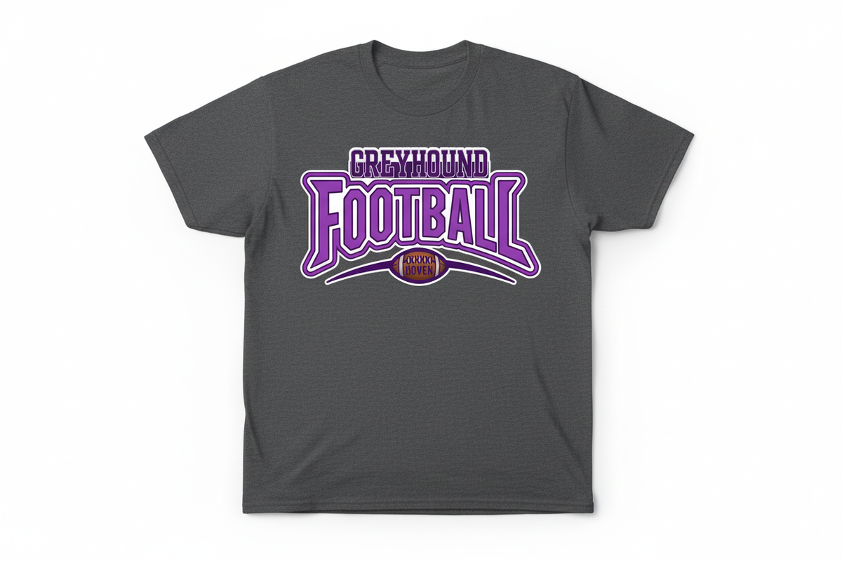 Greyhound Football graphic on dark heathered gray t-shirt