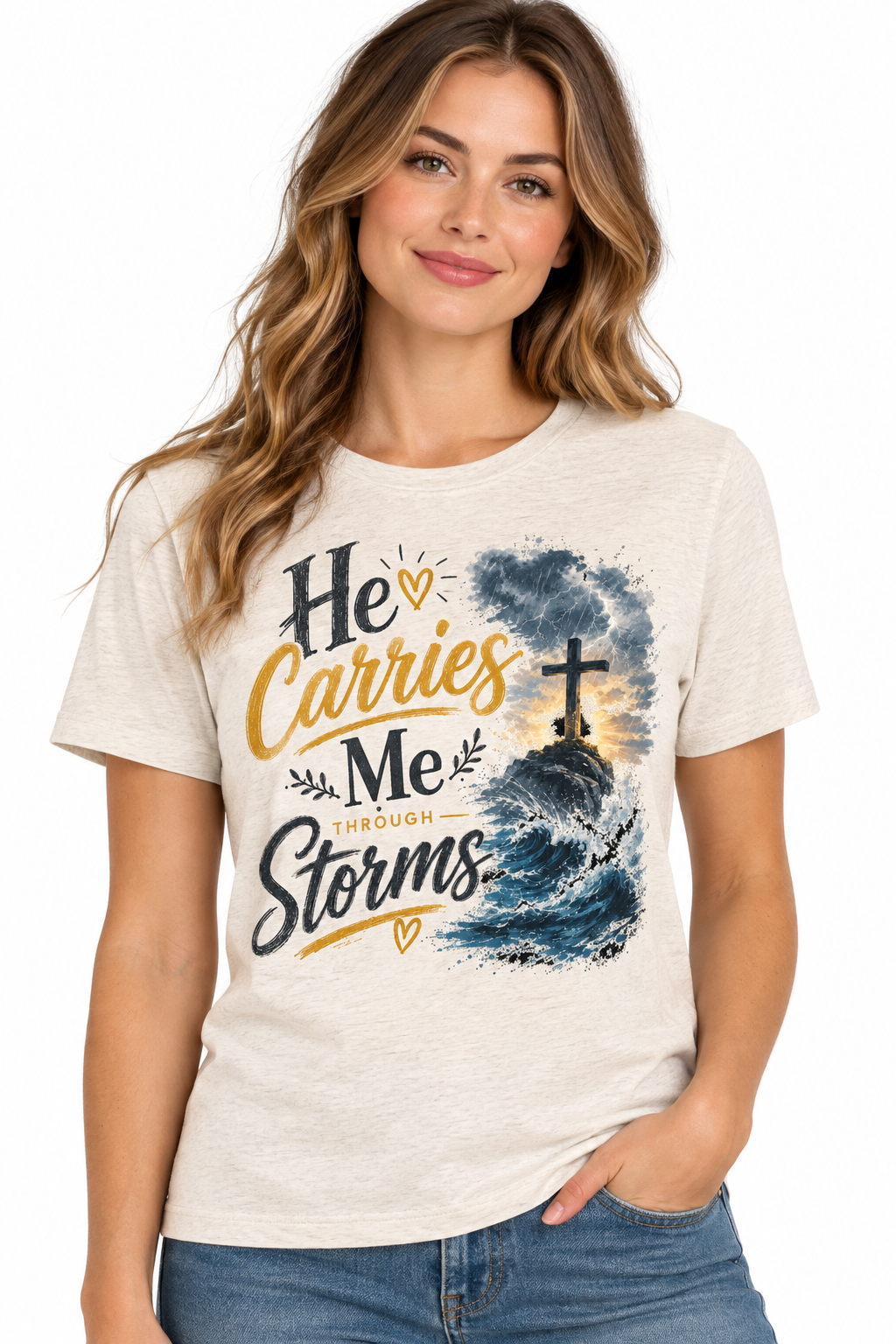 He Carries Me Through Storms - Heathered Oatmeal T-Shirt on female model