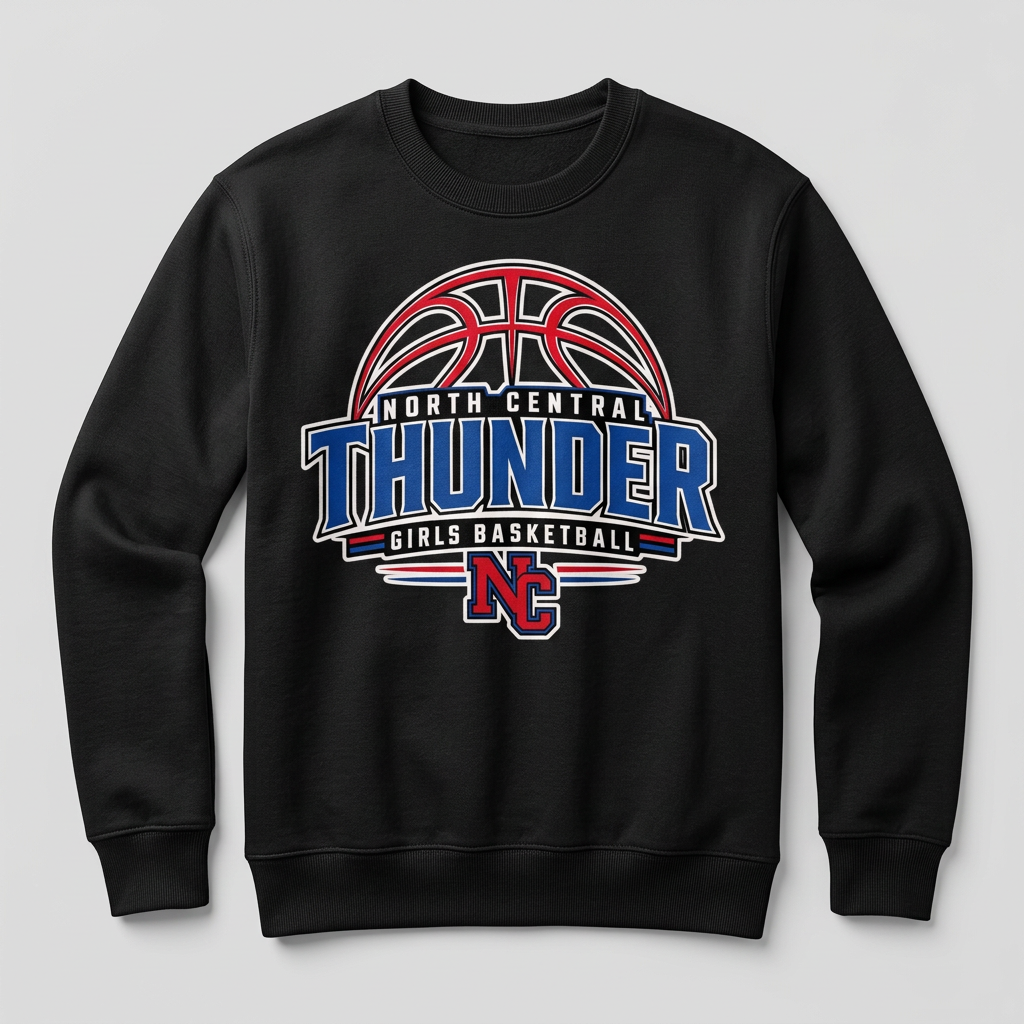 North Central Thunder Design 3 on a black crewneck sweatshirt