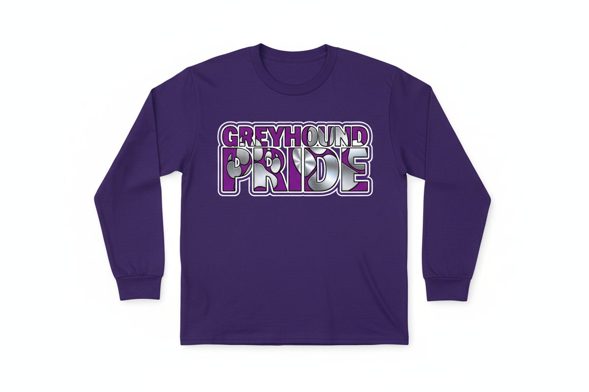 Greyhound Pride graphic on purple long sleeve t-shirt