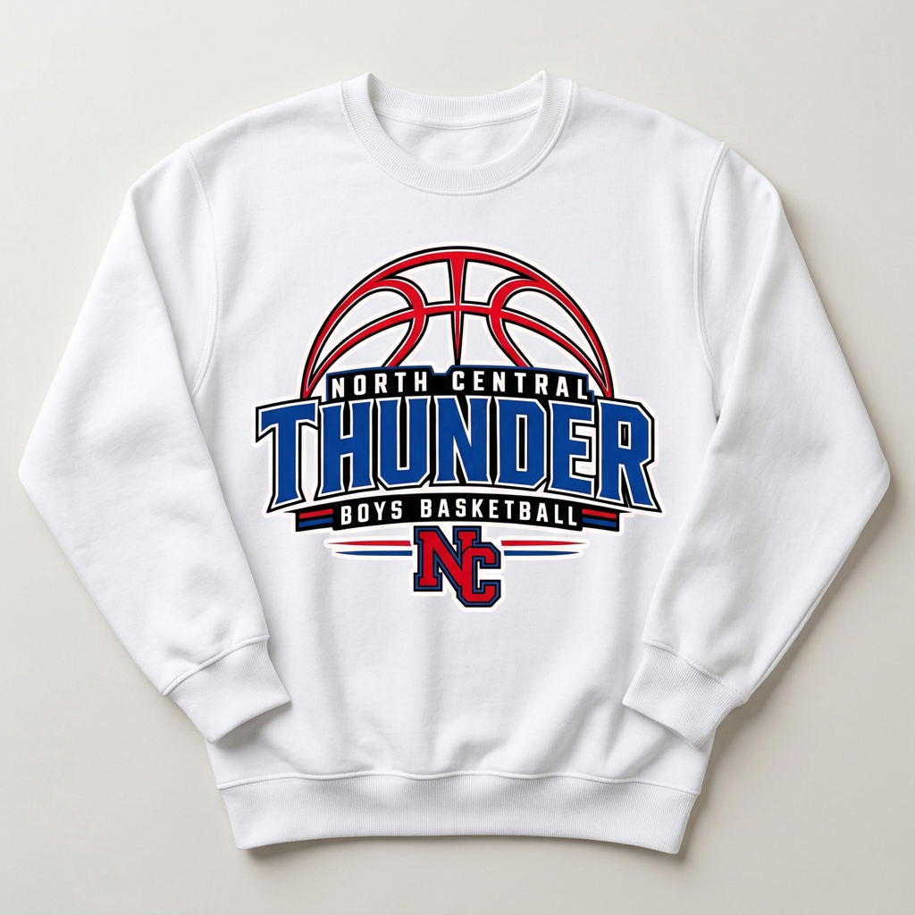 White crewneck with North Central Thunder boys basketball Design 3