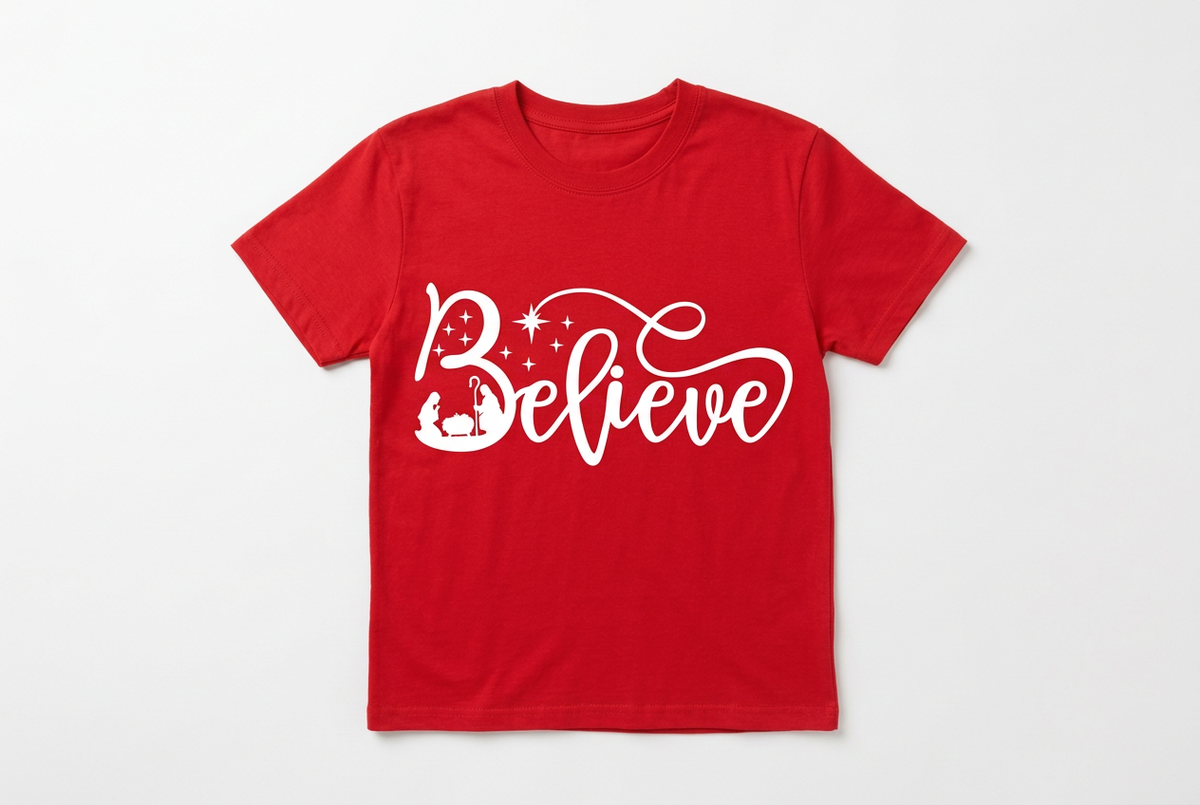 Believe Nativity Tee - Red with White Print Flat Lay