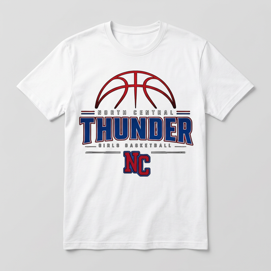 North Central Thunder girls basketball design on a white T-shirt