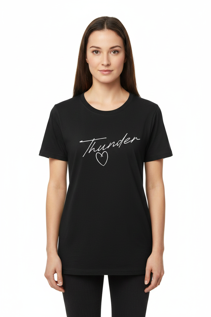 Women's black t-shirt with white Thunder cursive script and heart graphic