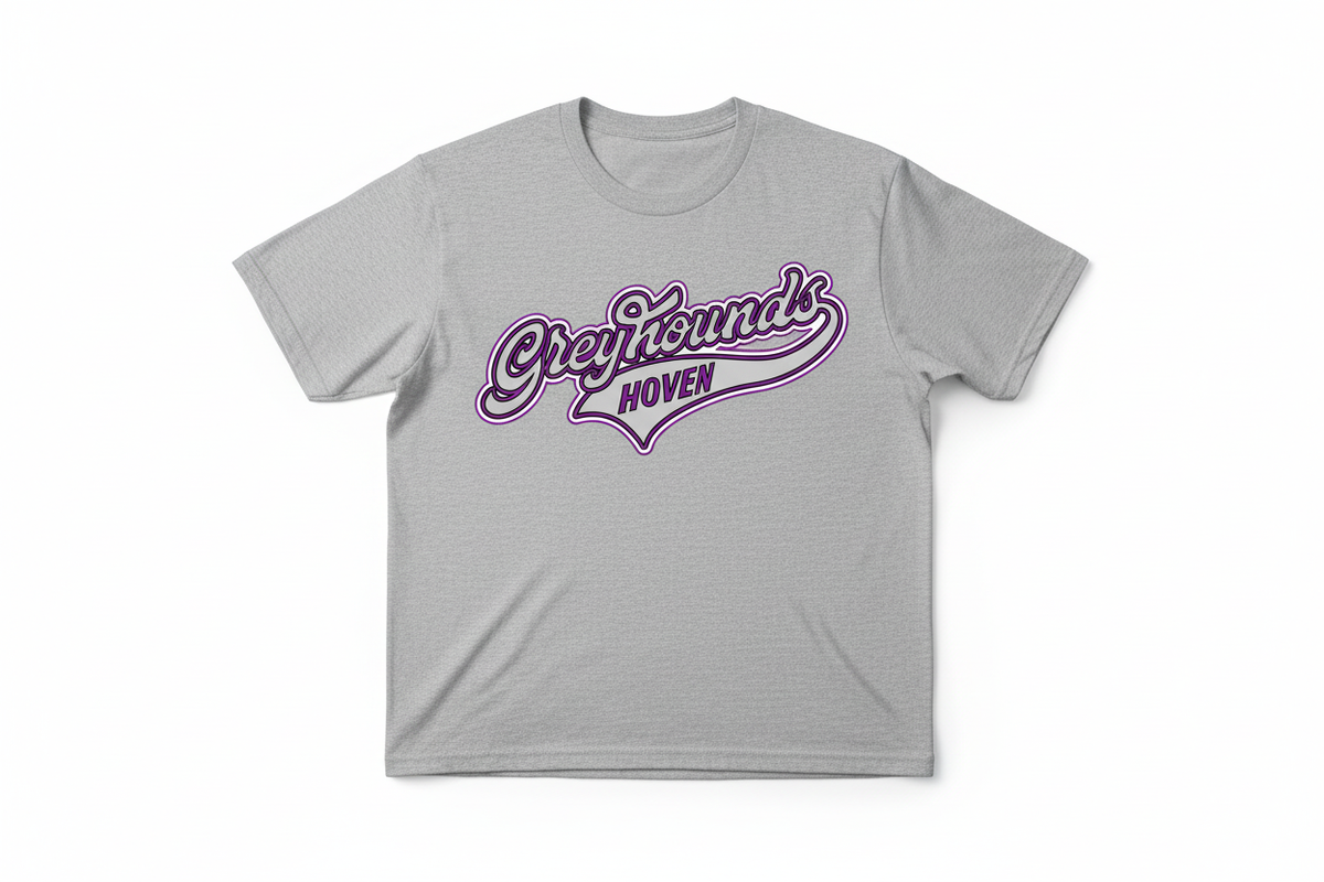 Greyhounds Hoven vintage script graphic on heather gray t-shirt