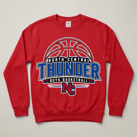Red crewneck with North Central Thunder boys basketball Design 3