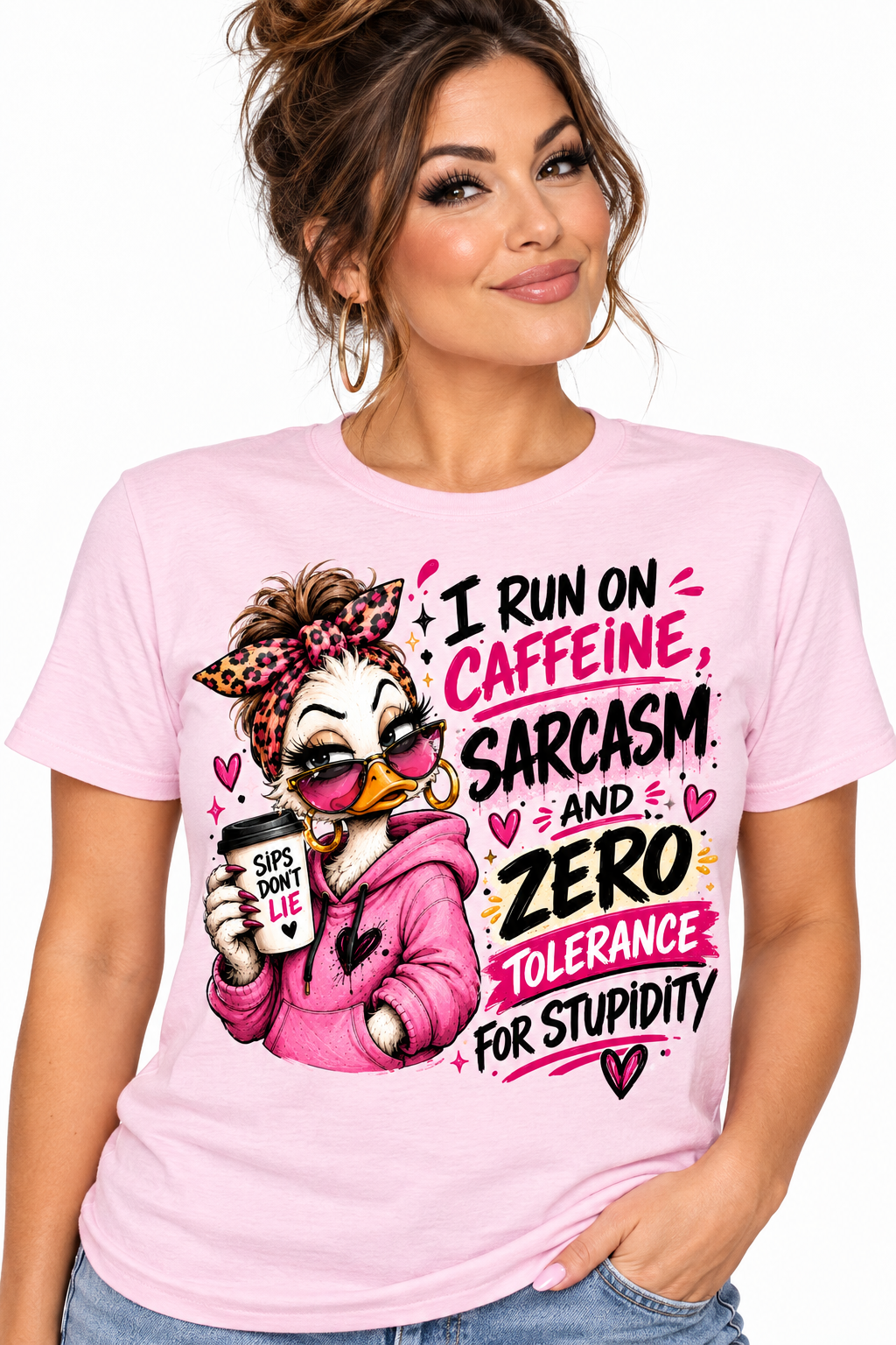 I Run On Caffeine - Light Pink T-Shirt on female model