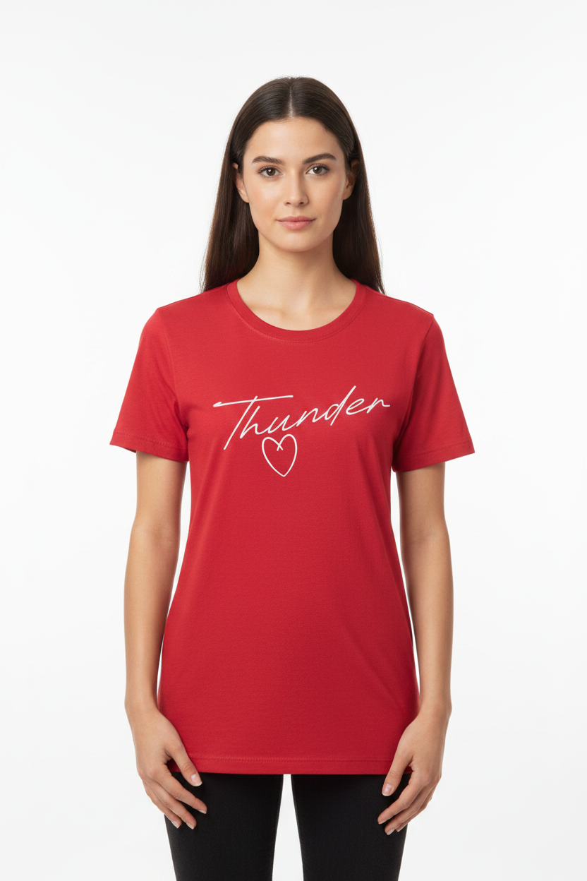 Women's red t-shirt with white Thunder cursive script and heart graphic