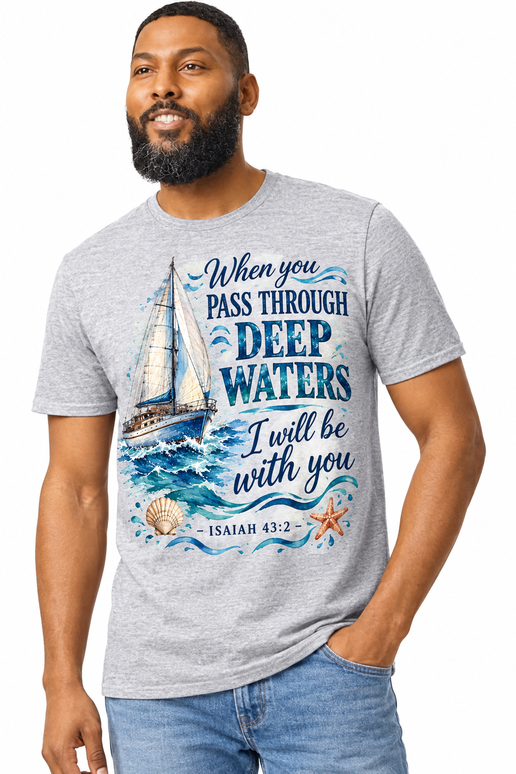 Deep Waters Isaiah 43:2 - Sports Gray T-Shirt on male model