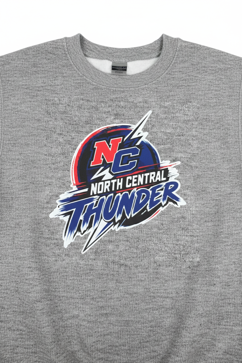 Heather gray North Central Thunder logo crewneck sweatshirt on white background