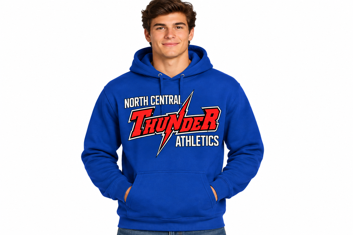 North Central Thunder Athletics on royal blue hoodie