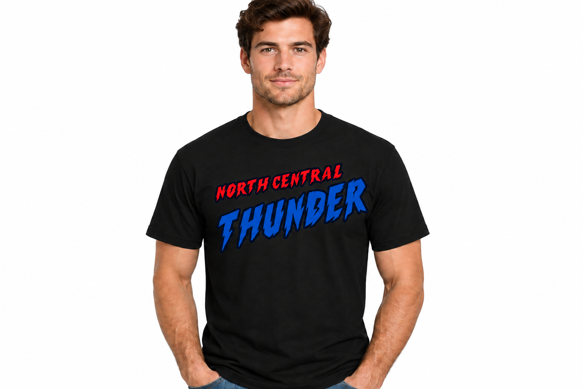 North Central Thunder comic design on black t-shirt - adult male model
