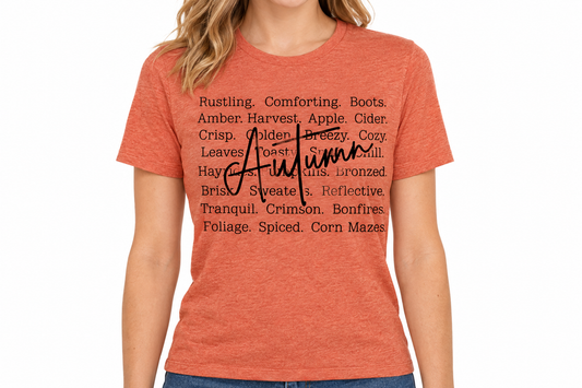 Autumn word art design on heathered orange t-shirt