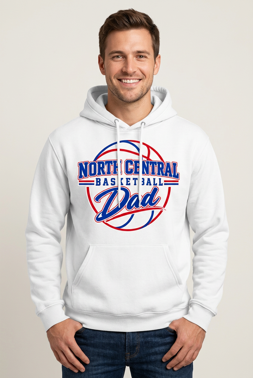 Smiling younger adult male model wearing white North Central Basketball Dad hoodie