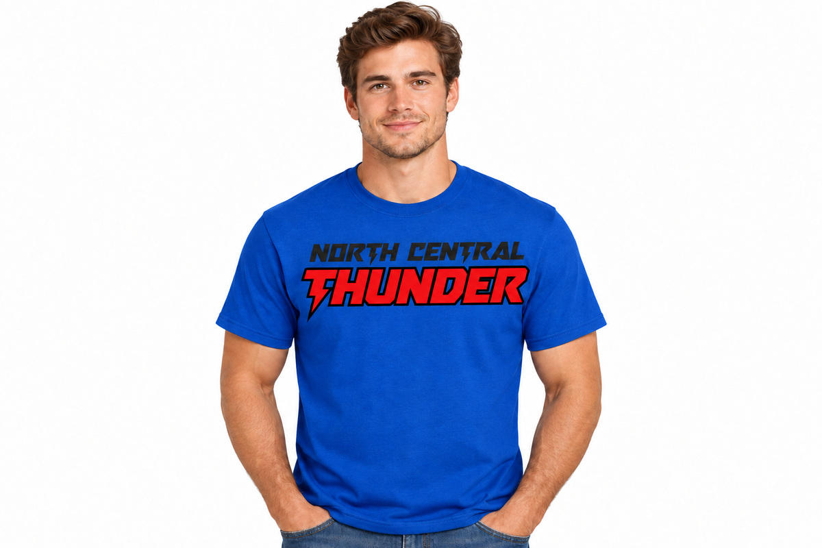 North Central Thunder lightning design on royal blue t-shirt
