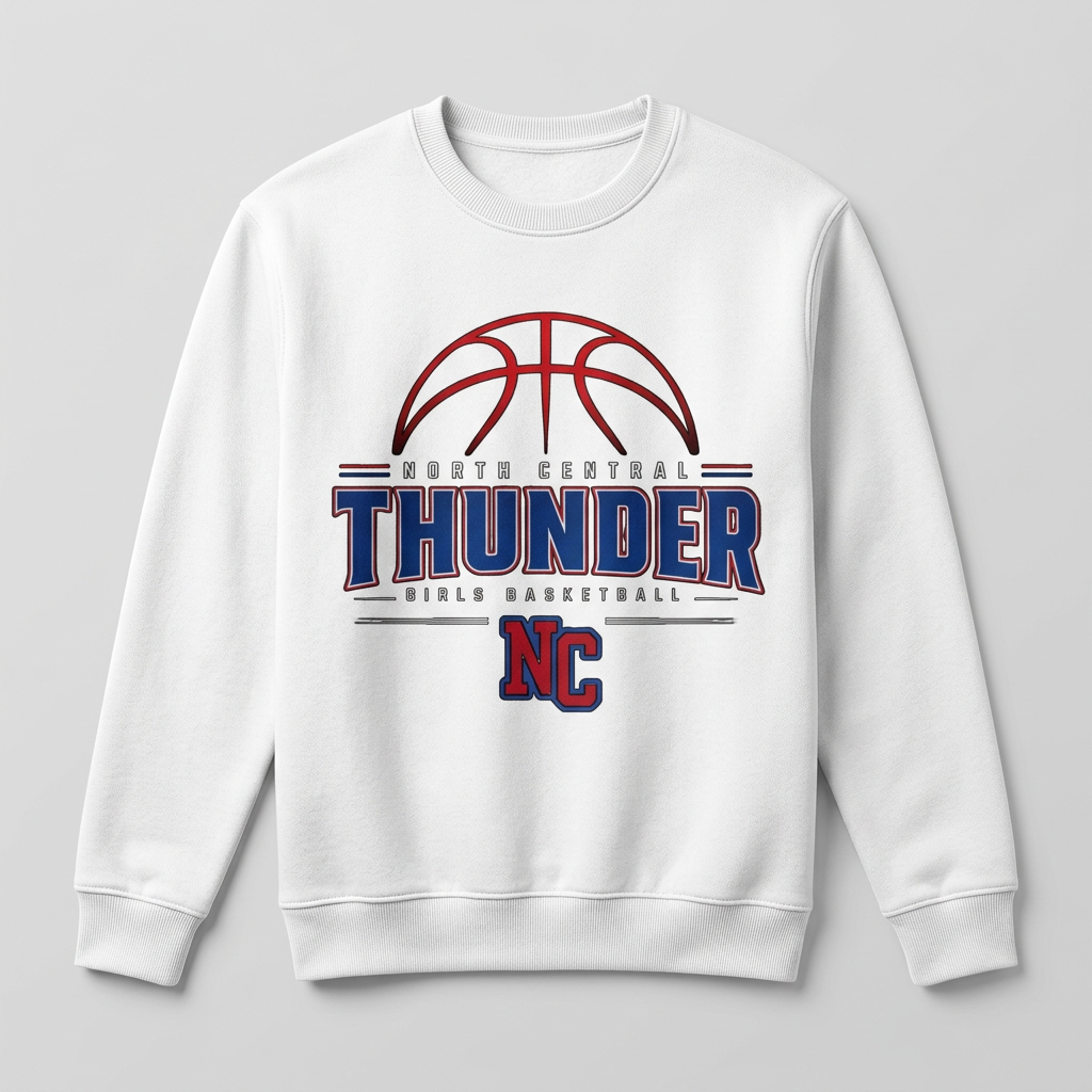 North Central Thunder girls basketball design on a white crewneck sweatshirt