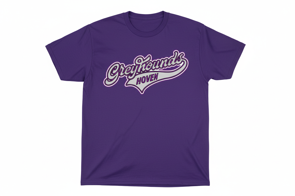 Greyhounds Hoven vintage script graphic on purple t-shirt